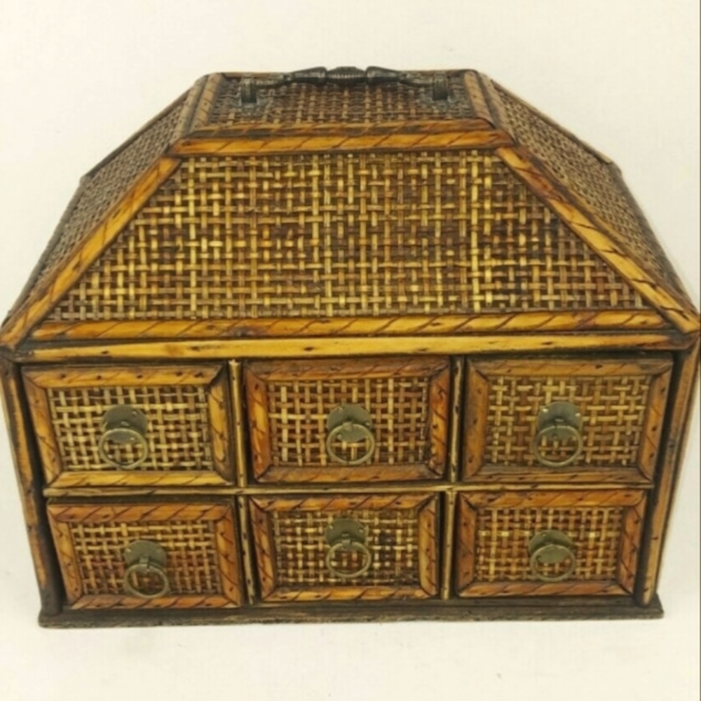 MCM Bamboo and Rattan 6 drawer organizer with handle EUC 1980'S